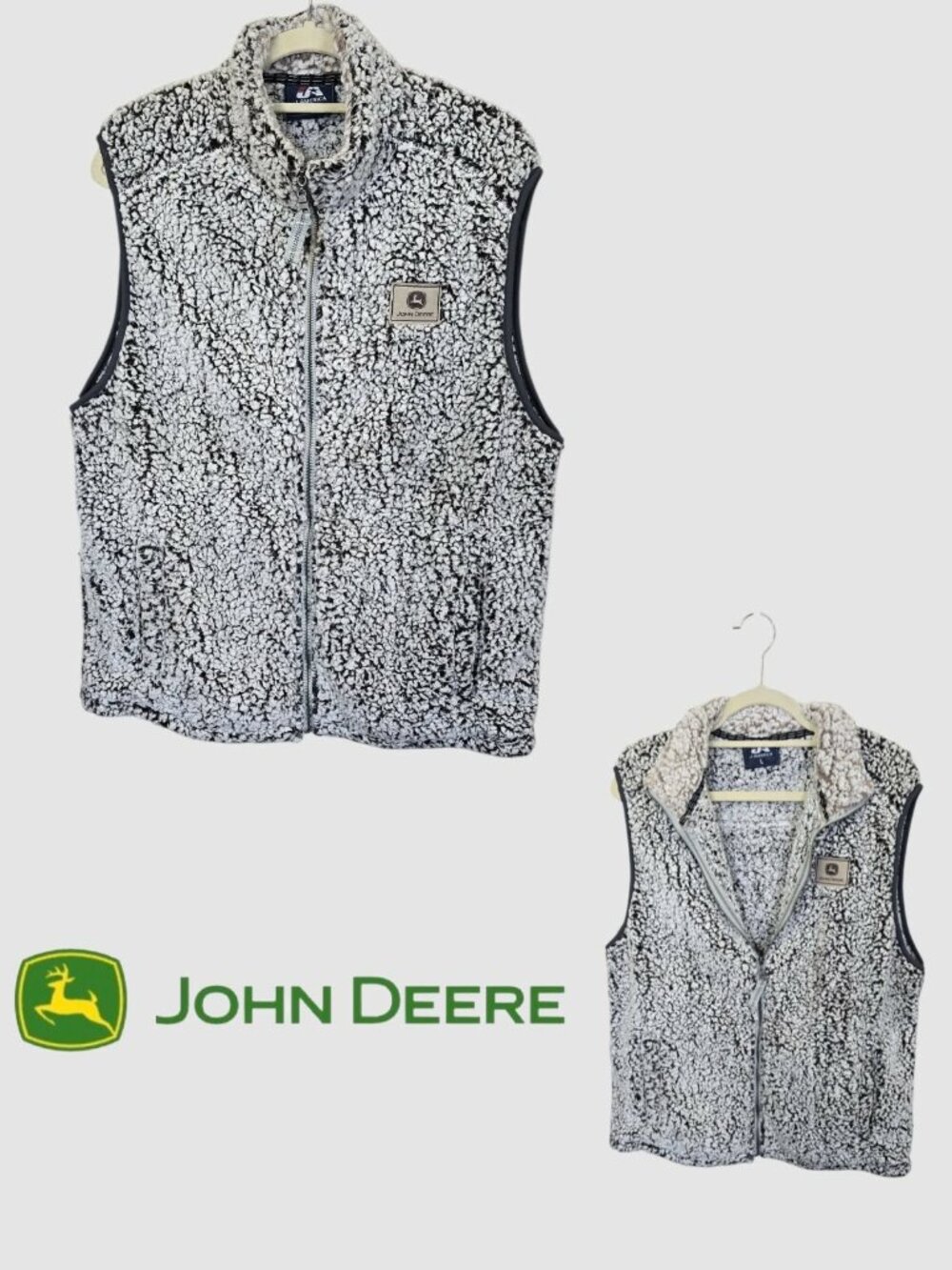 John Deere Sherpa Vest Jacket Cozy Oatmeal Heathered Black Fleece Full Zip Men L